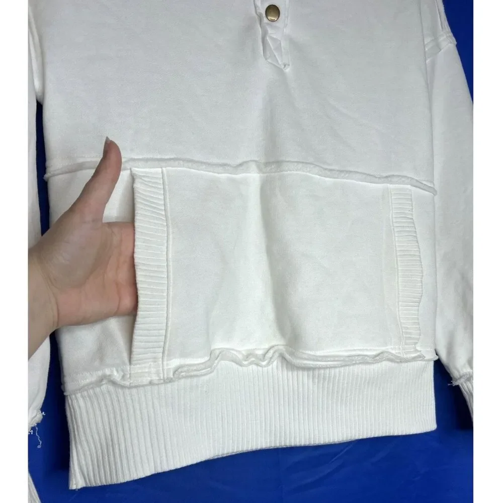 Women's White Mock Neck Snap Henley Sweatshirt Loungewear Soft Kangaroo - XS